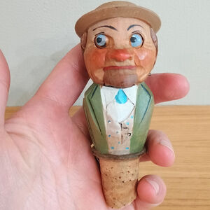 Rare Vintage Old Anri Hand Carved Wooden Man Bottle Cork Plug Blinking Eyes Open